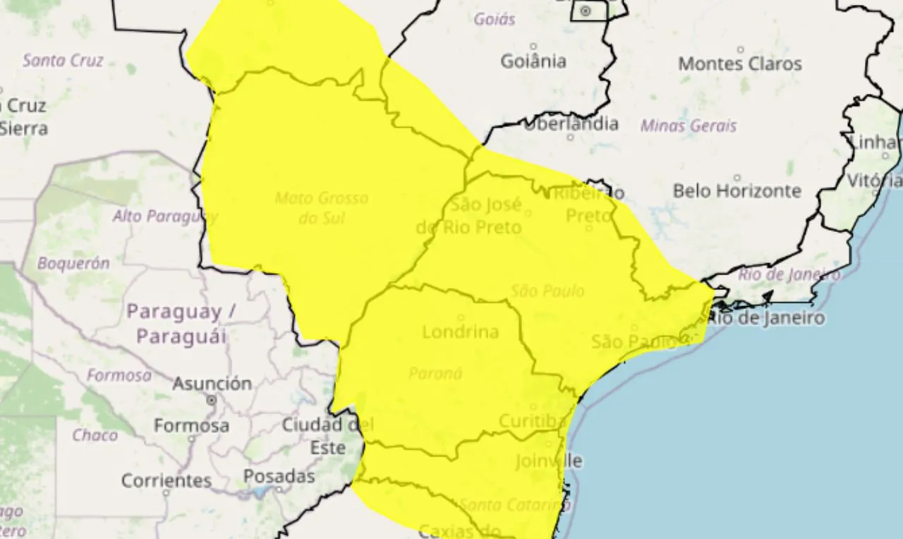 o mapa mostras às áreas em alerta para vendaval